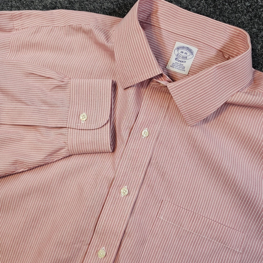 Brooks Brothers Mens Dress Shirt 18 35 Red Pink Stripe Supima Cotton Non Iron